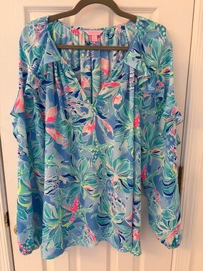 Lilly Pulitzer Blue, Coral & Mint Floral Off-Shoulder Top